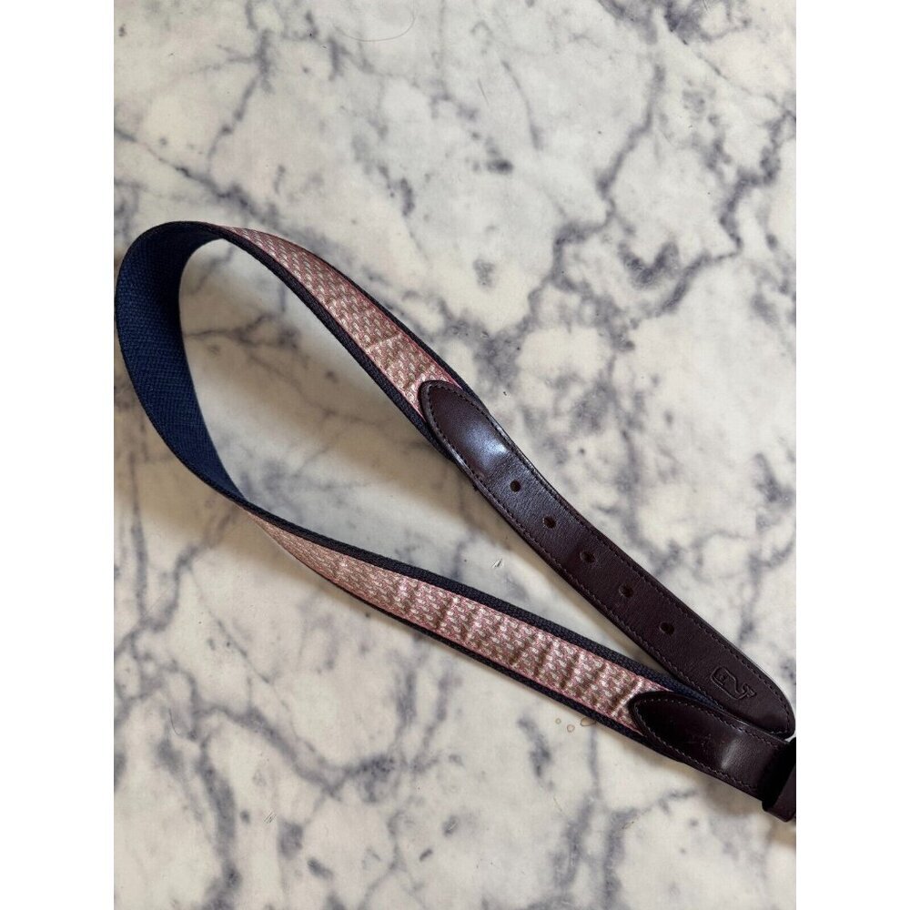 Vineyard Vines Pink & Brown Whale Pattern Silk and Leather Belt Mens Size 36